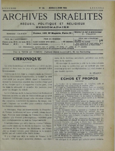 Archives israélites de France. Vol.93 N°22 (02 juin 1932)